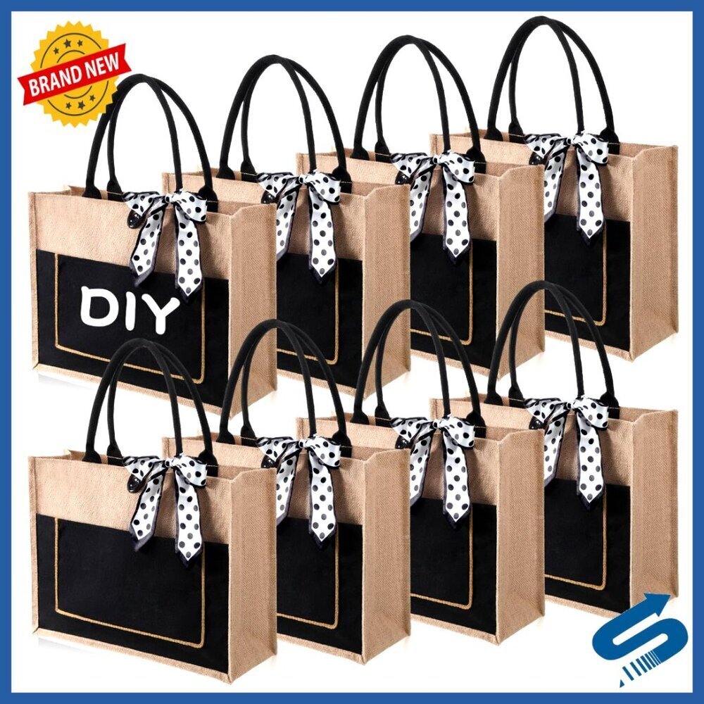 Large Jute Tote Bags with Handles Blank DIY Shopping Bags Bulk Set